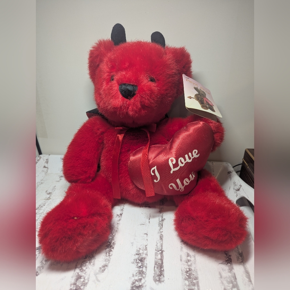 VINTAGE NEW VALENTINES DAY DEVIL RED PLUSH TEDDY BEAR WITH HORNS AND CAPE NWT